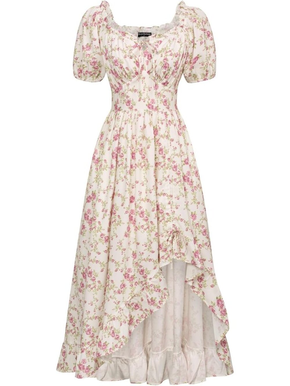 Women's Pink Flower Cottage Core Corset Ruffle With Pockets Costume Maxi Dress